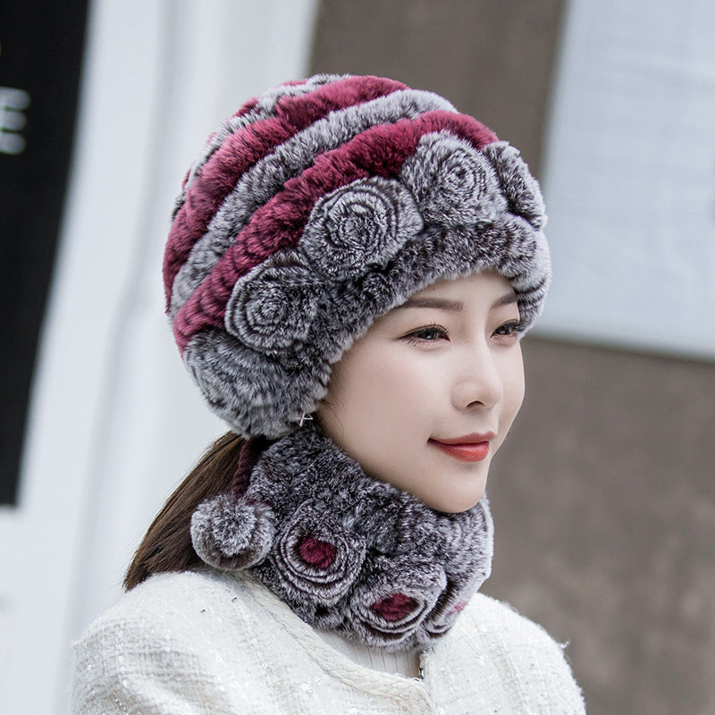 Warm Real Rabbit Fur Ear Flap Hat & Scarf Set