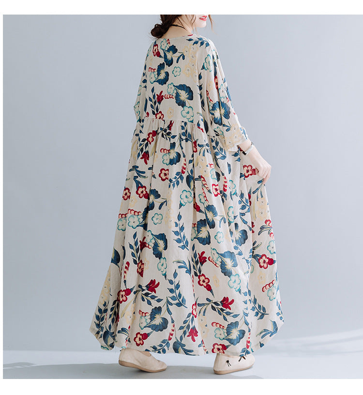 Artsy Loose-fitting Floral Print Swing Dress