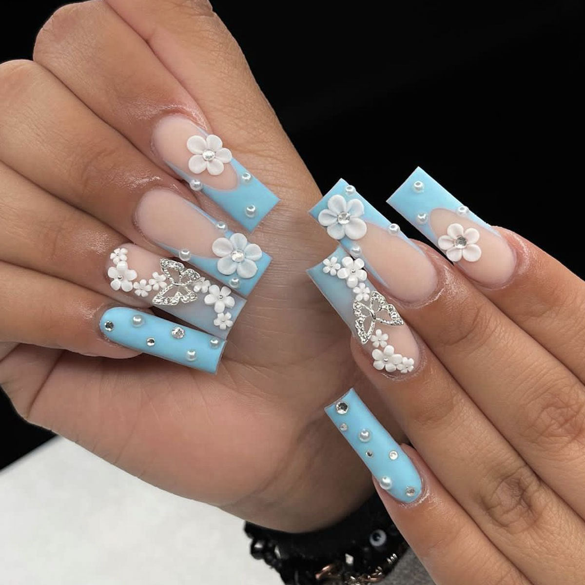 Sky Blue Flower Pearl 5-Petal 3D Butterfly Fresh Fake Nails-homeunderwear