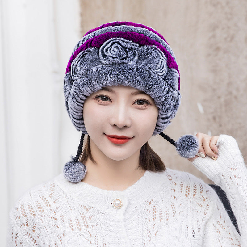 Winter Real Rabbit Fur Ear Flap Hat & Scarf Set