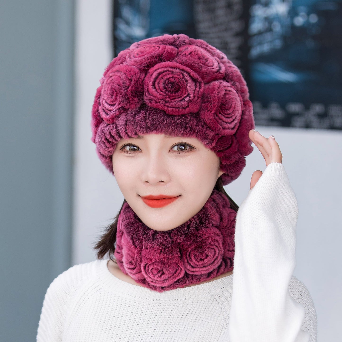 Warm Real Rabbit Fur Ear Flap Hat & Scarf Set