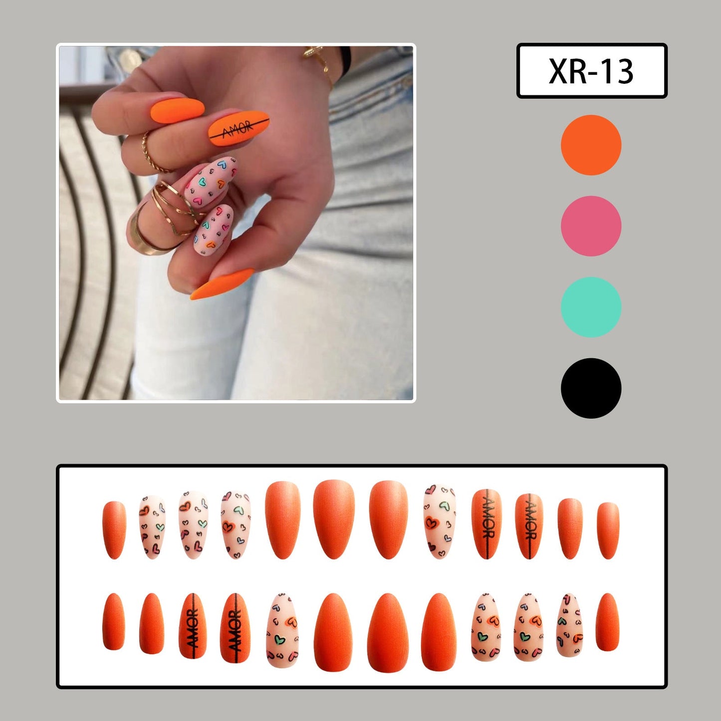 Valentine's Day Orange Almond Nails with Love Heart Designs