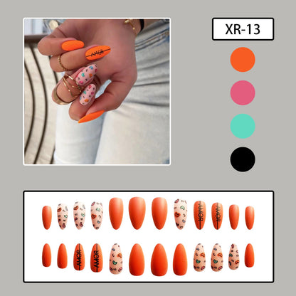 Valentine's Day Orange Almond Nails with Love Heart Designs