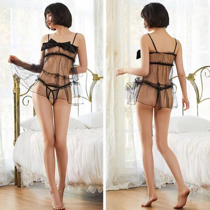 Sexy Sheer Mesh Suspender Bow Nightdress (Free Thong)