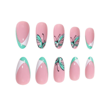 Almond Green White Butterfly French Nail Extensions