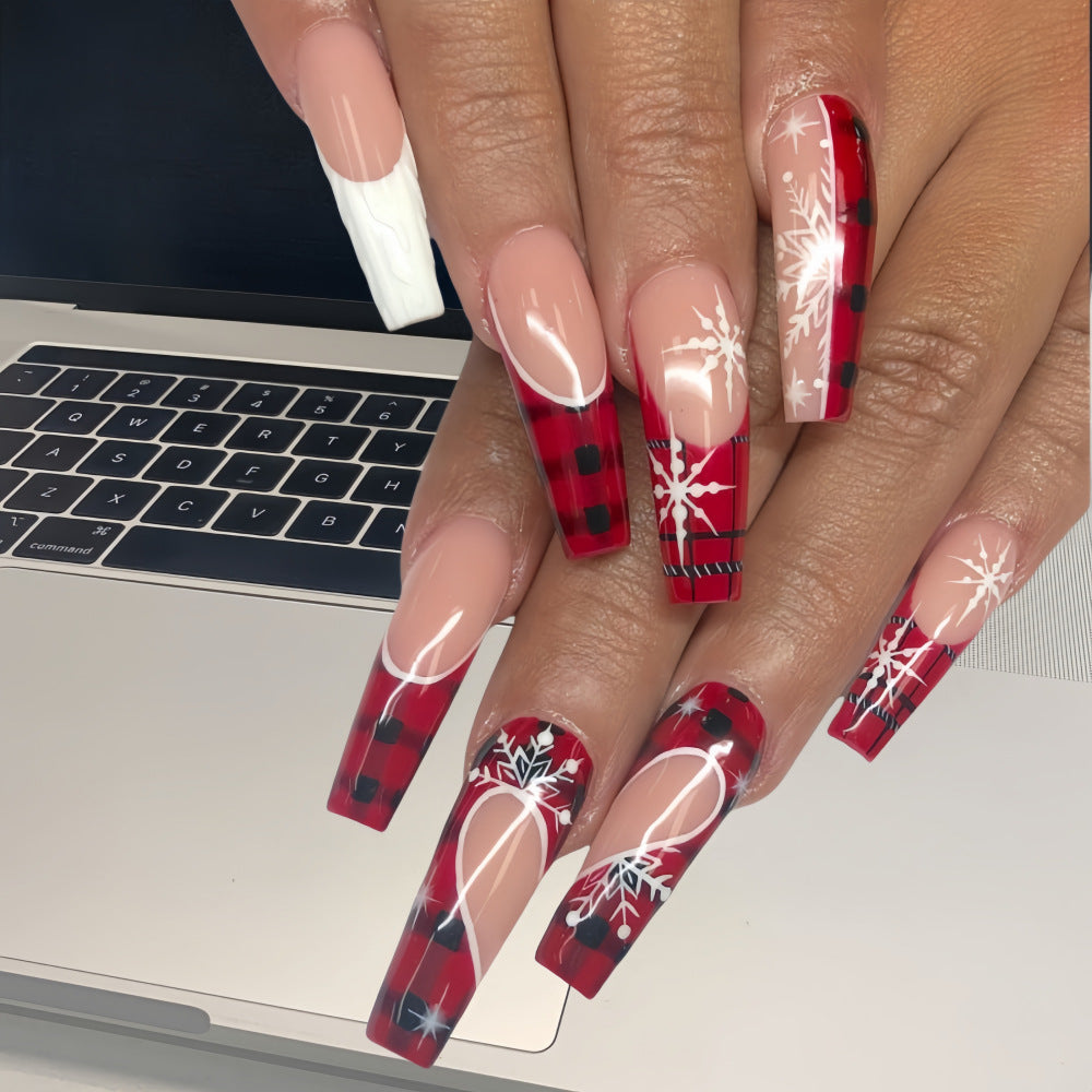 3D White Stripe Snowflake Heart Christmas Red Nails