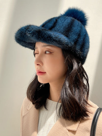 Warm Mink Fur Baseball Cap with Fox Pom Pom - Winter Fashion