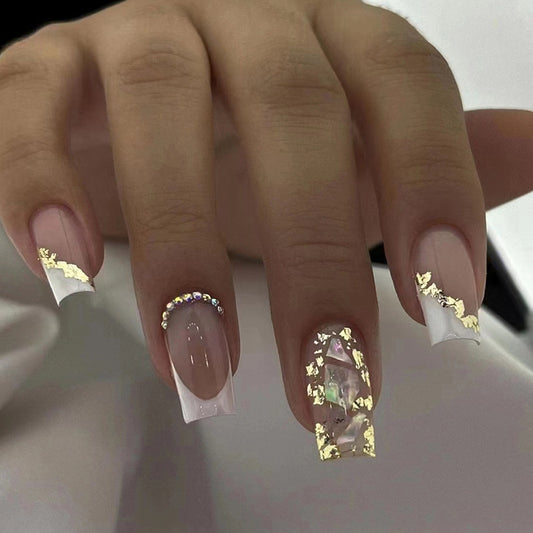 Euro Fashion Mid-Length Square Shell Diamond Nails Gold Foil Triangle French Ins Style-homeunderwear