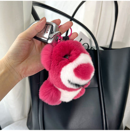 Cute Real Rabbit Fur Strawberry Bear Keychain - Car Accessory