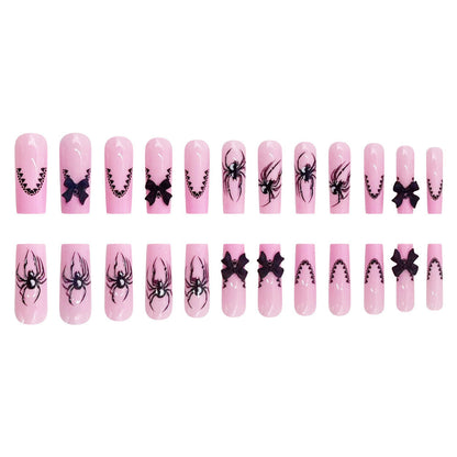 Pink Transparent Long Waterline Black Widow Spider French Nail Tips