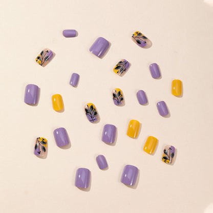 Spring Summer Purple Yellow Floral Print Detachable Fake Nails-homeunderwear