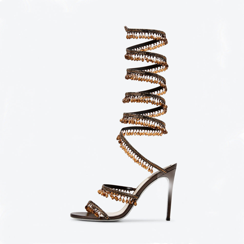 Gemstone-Adorned Wrap Around Ankle Strap Stiletto Sandals-Homeunderwear