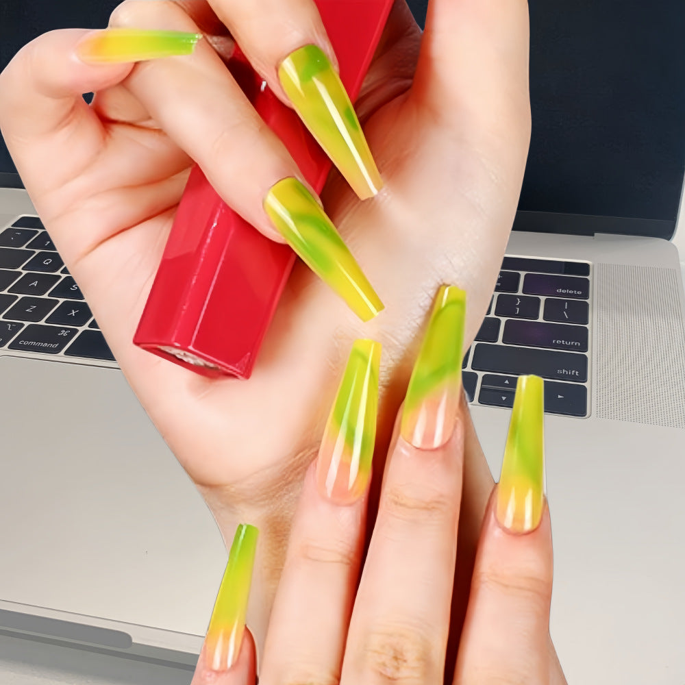 New Fashion  Chinese Style Green-Yellow Ombre French Gradient Acrylic Nails EC-19-Homeunderwear