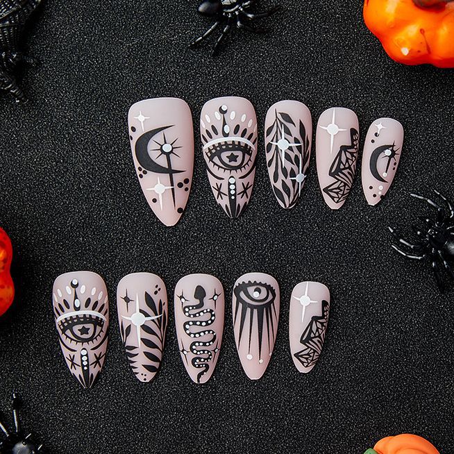 Almond Shape Round Black Totem Nails, Large Eye Diamond Moon, Halloween Style-Homeunderwear