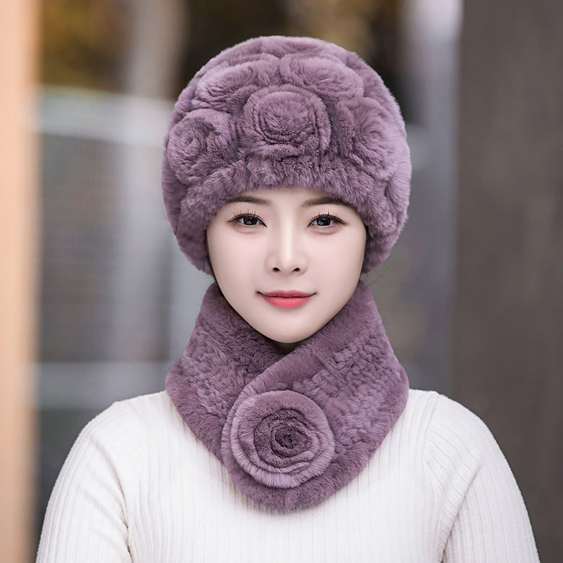 Winter Rex Rabbit Fur Ear Flap Hat & Scarf Set