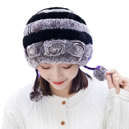 Winter Real Rabbit Fur Ear Flap Hat & Scarf Set