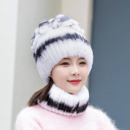 Winter Real Rabbit Fur Hat & Neck Warmer Set