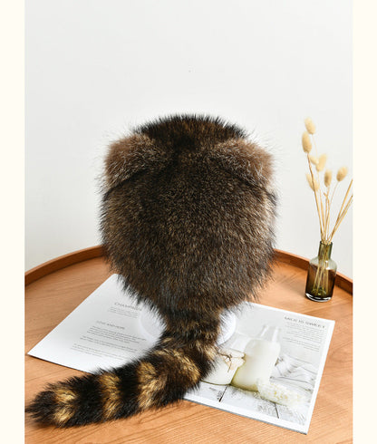 Warm Raccoon Fur Hat with Ear Flaps