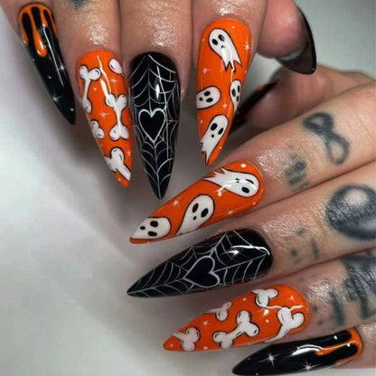 Halloween Long Pointed Black Orange Nails with Skeleton and Spider Web Designs