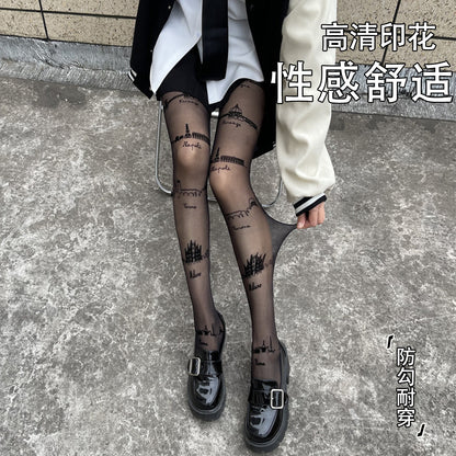 Sexy Trend City Castle Printed Ultra-thin Pantyhose