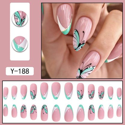 Almond Green White Butterfly French Nail Extensions