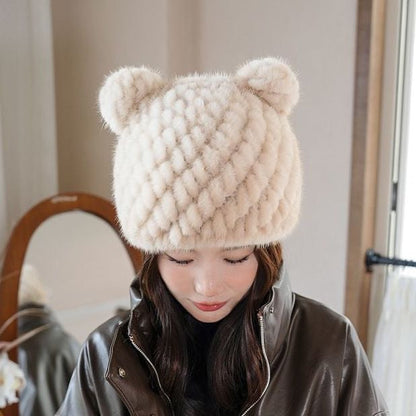 Winter Mink Fur Beanie with Cat Ears - Cozy & Cute