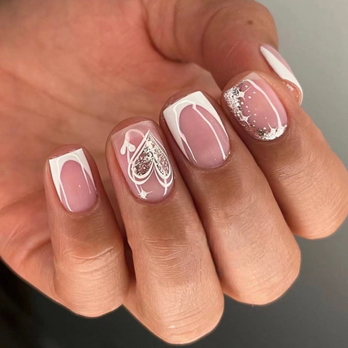 White French Square Nails with Gold Glitter Heart Design