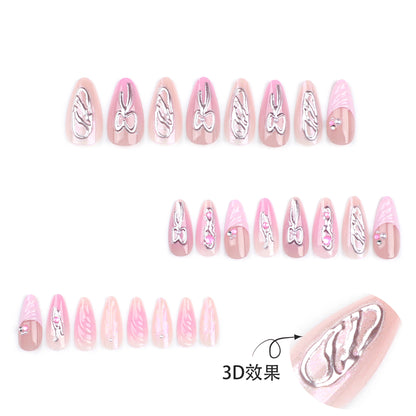 3D Bow Handmade Mirror Pink Silver Nail Tips-Homeunderwear