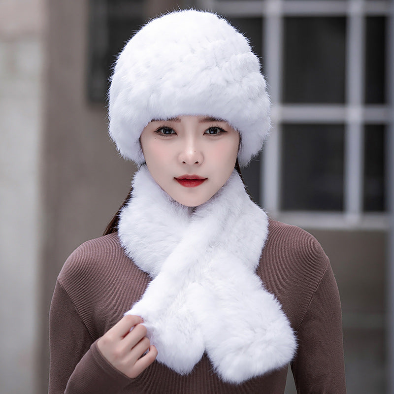 Warm Snow Rabbit Fur Ear Flap Hat & Scarf Set