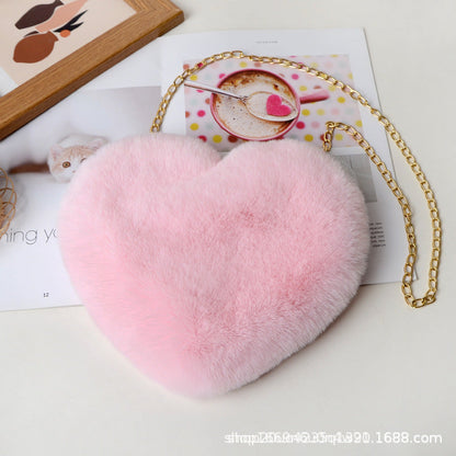 Fashionable Faux Fur Heart-Shaped Bag - Chain Crossbody Purse