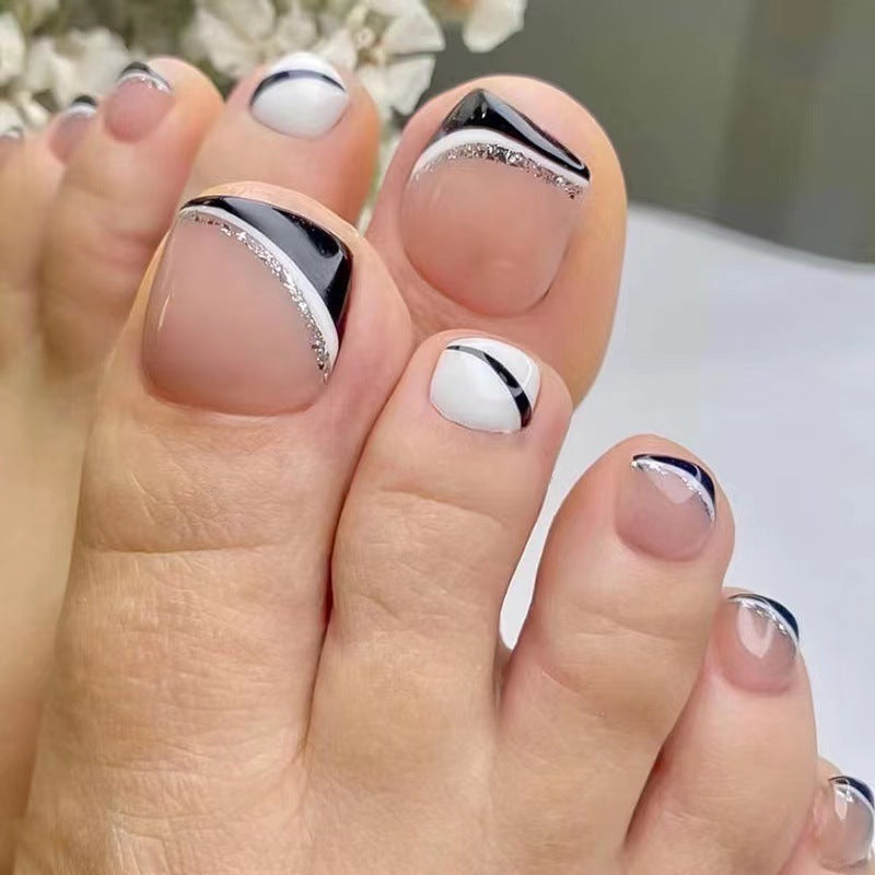 "Removable Black & White French Wave Fall Toe Nails - Nail Tips