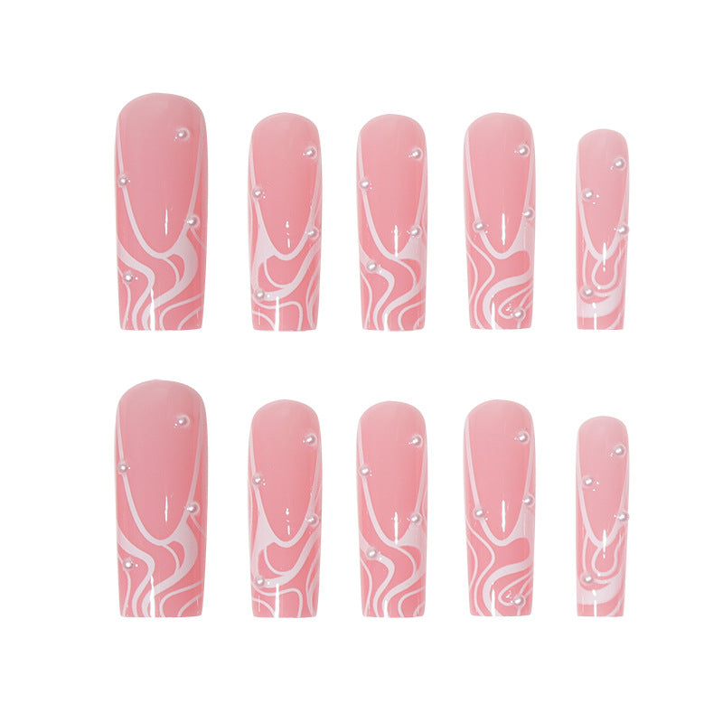 Long French Nail Tips with Pearl Lines, Removable