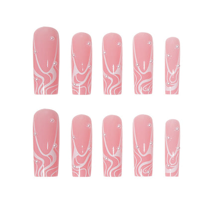 Long French Nail Tips with Pearl Lines, Removable