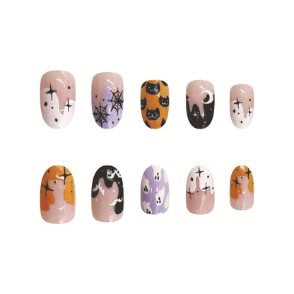 Oval Ombre French Tip Cartoon Ghost Demon Nebula Moon Nail Tips