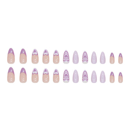 Almond Shape Purple Heart Nails - Dazzling Stars, Mid-Length