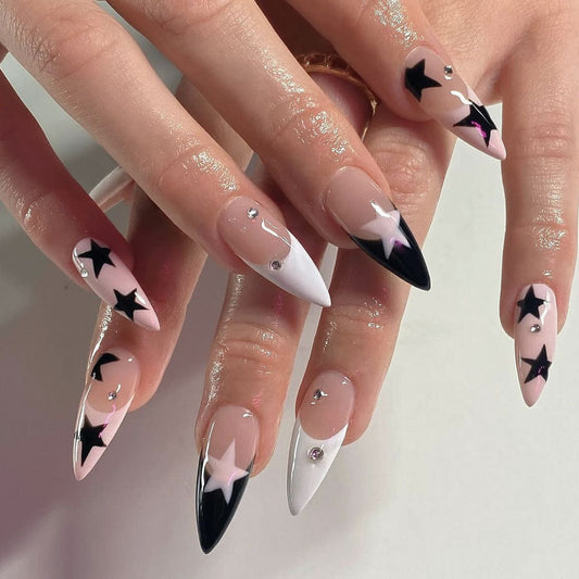 New Arrival Almond Shaped Black White French Pink Star Detachable Fake Nails-homeunderwear