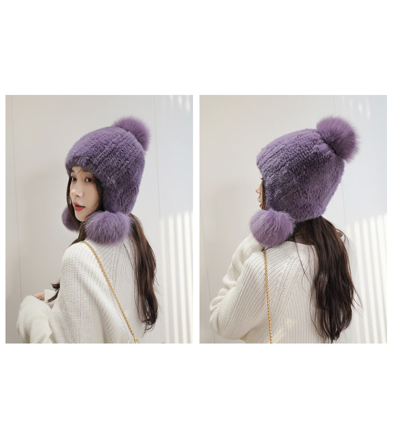 Warm Mink Fur Hat with Fox Fur Pom Pom - Winter Accessory