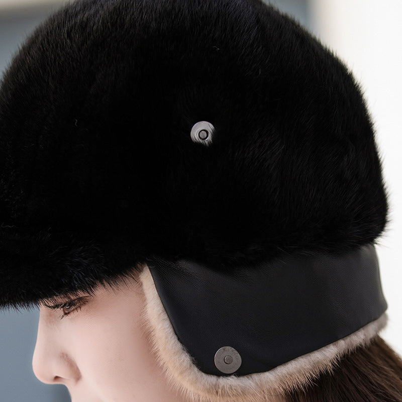 Warm Mink Fur Ear Flap Baseball Cap - Stylish Winter Accessory