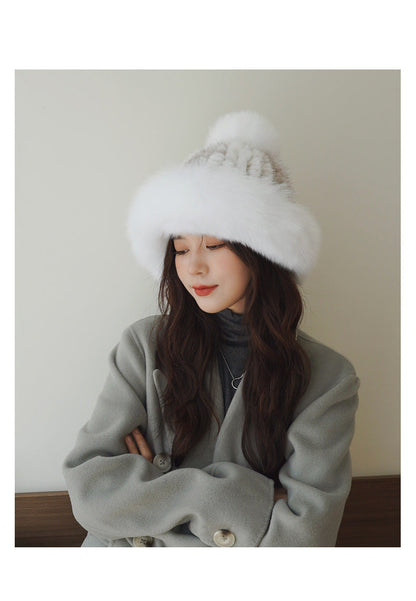 Luxury Mink Fur Hat with Big Fox Pom Pom