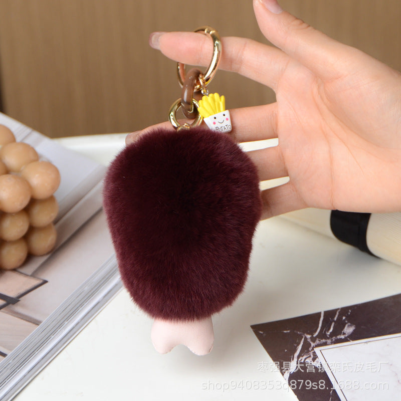 Genuine Rex Rabbit Fur Chicken Leg Keychain Pendant Birthday Gift Accessory