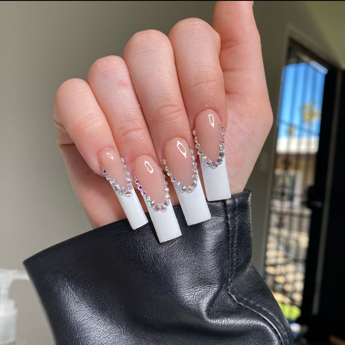 Long French Nail Extensions with Rhinestones for Brides