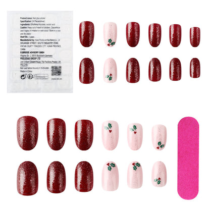 New FashionShort Shiny Oval Christmas Nails - Glitter, Leaves, Berries-homeunderwear