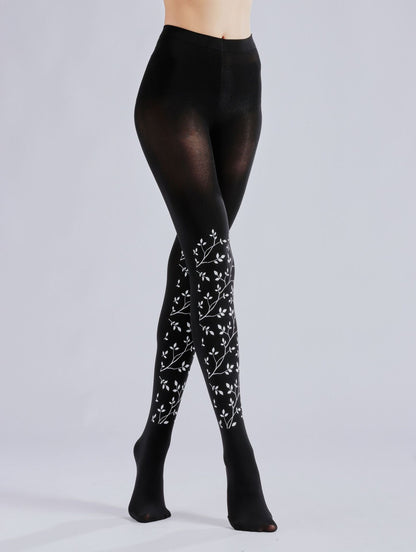 Black Leaf Branch Print Leggings Pantyhose