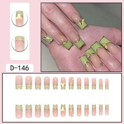 Chic Green Gold Bow Nail Extensions, French Style