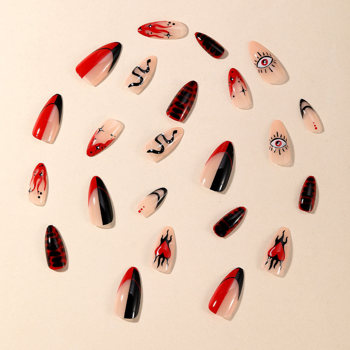 Almond Shaped Irregular Black Red Flame Heart Eye Snake Star Nails