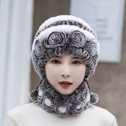 Warm Real Rabbit Fur Ear Flap Hat & Scarf Set