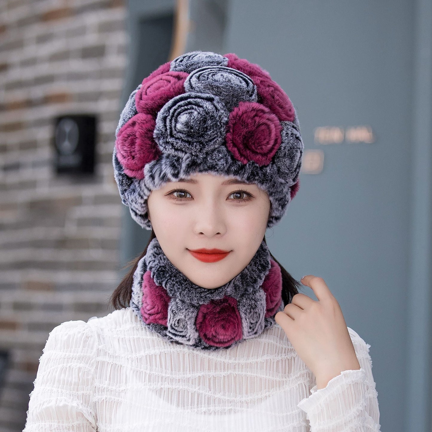 Warm Real Rabbit Fur Ear Flap Hat & Scarf Set