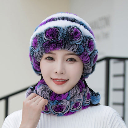 Warm Real Rabbit Fur Ear Flap Hat & Scarf Set