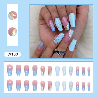 Blue Ombre Mid-Length Cross-Border Fake Nails with Gold Foil Flakes-homeunderwear