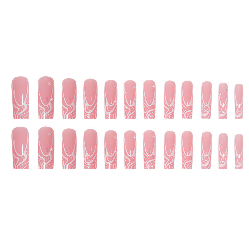 Long French Nail Tips with Pearl Lines, Removable